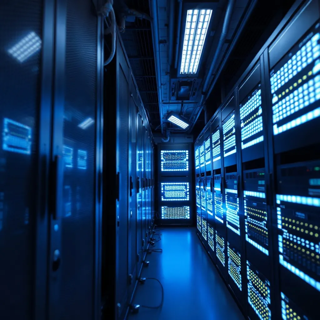 High-tech server room with glowing blue and white led indica