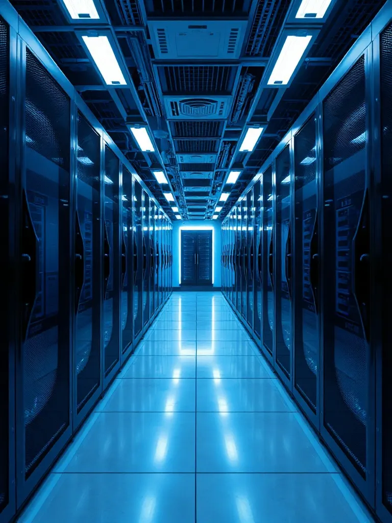 A professional high-tech server room background with blue an