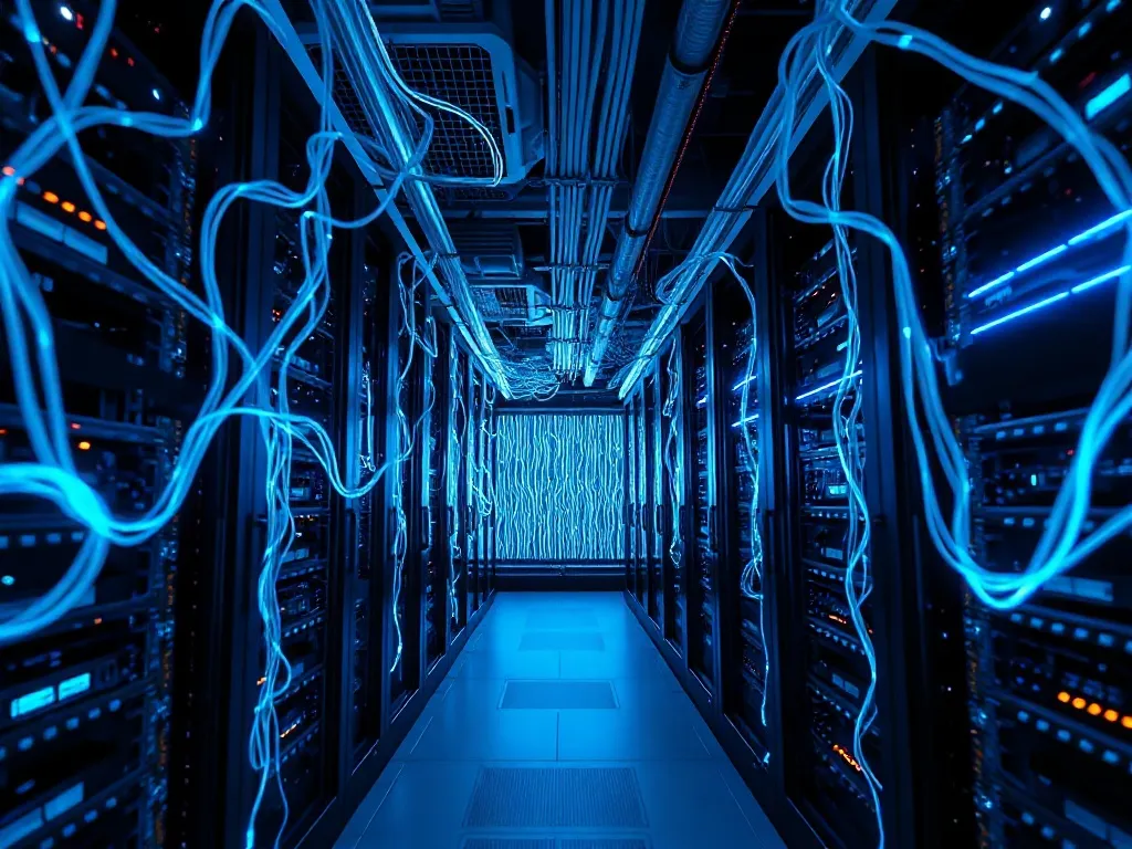 High-tech server room with glowing blue data cables and abst